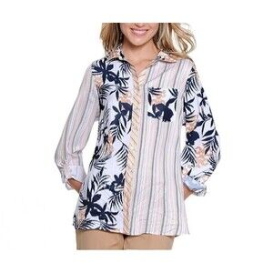 Multiples Button Up Down Shirt Womens Size 2X Roll Tab Palm Leaf Stripes Ikat